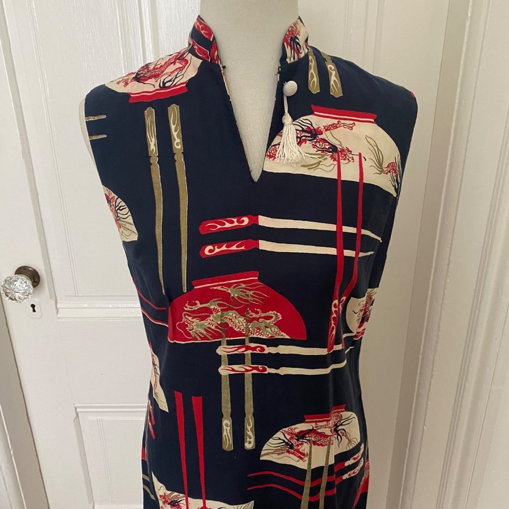 Vintage Alfred Shaheen Sheath Dress Asian Rice Bowls Chopsticks - Picture 2 of 9